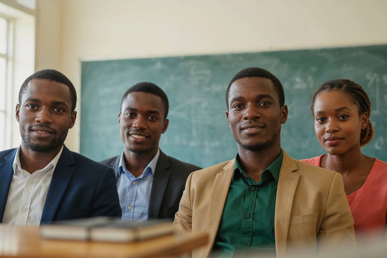 Quatre étudiants de l’IFMEN devant le tableau d’une salle de classe
